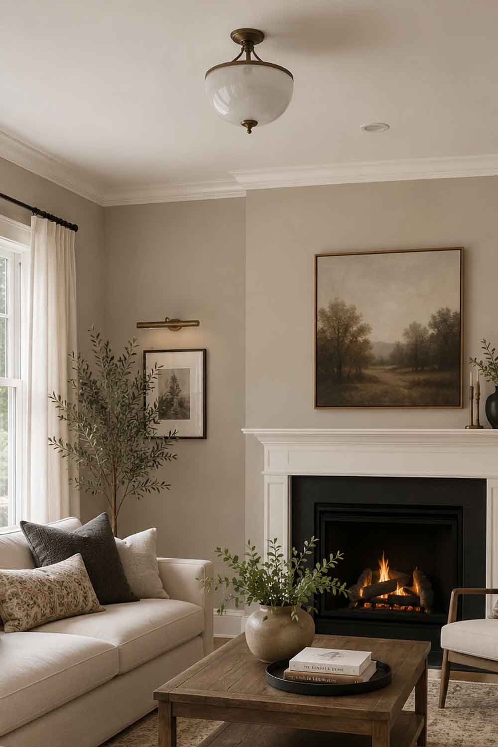 Living room painted Sherwin Williams Accessible Beige SW 7036 with white trim