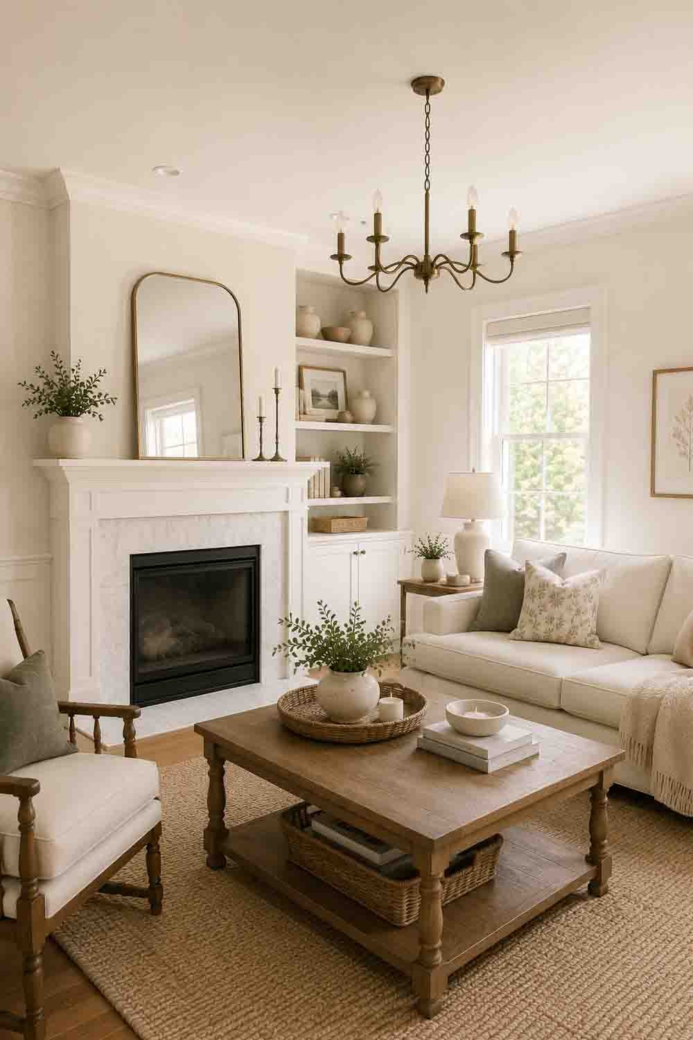 Sherwin Williams Alabaster SW 7008 warm creamy white living room
