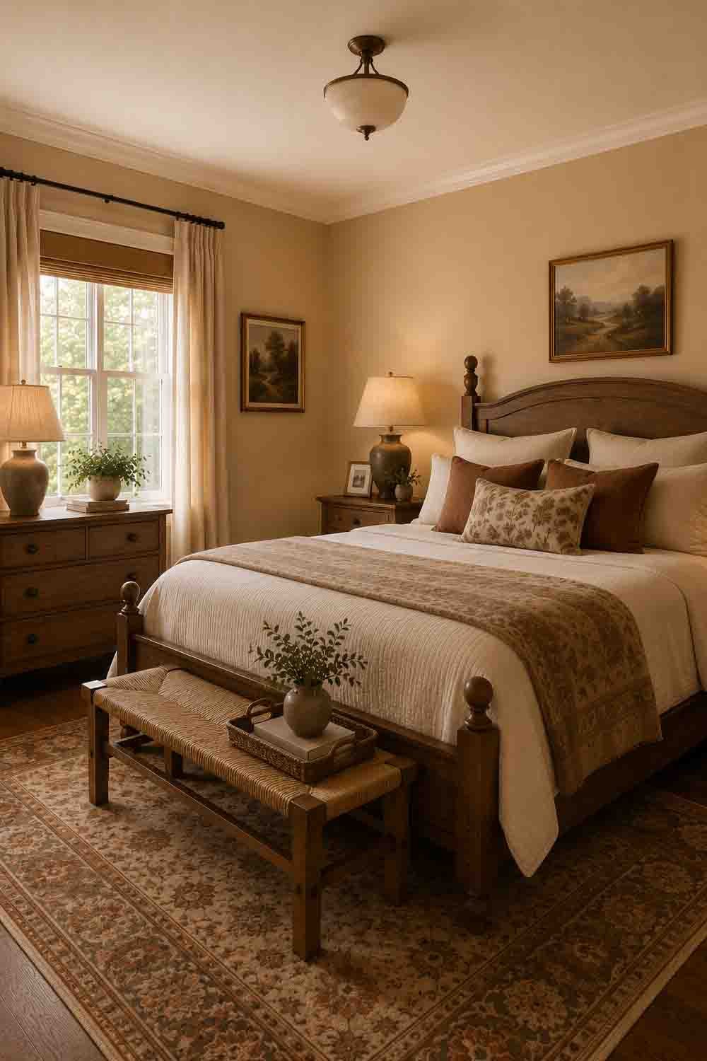 Sherwin Williams Balanced Beige SW 7037 cozy bedroom with warm depth