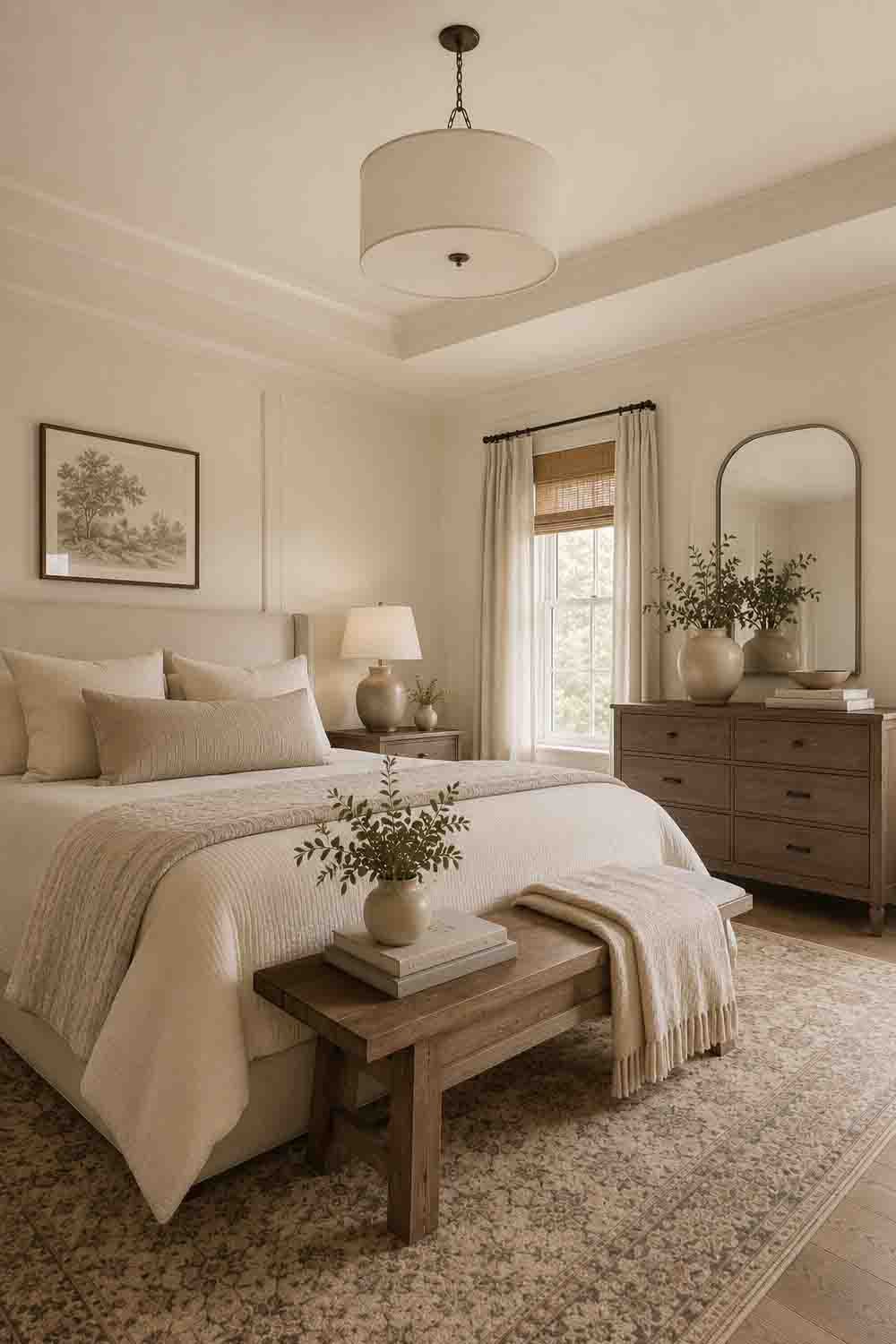 Sherwin Williams Shoji White SW 7042 color drenched walls and cabinets