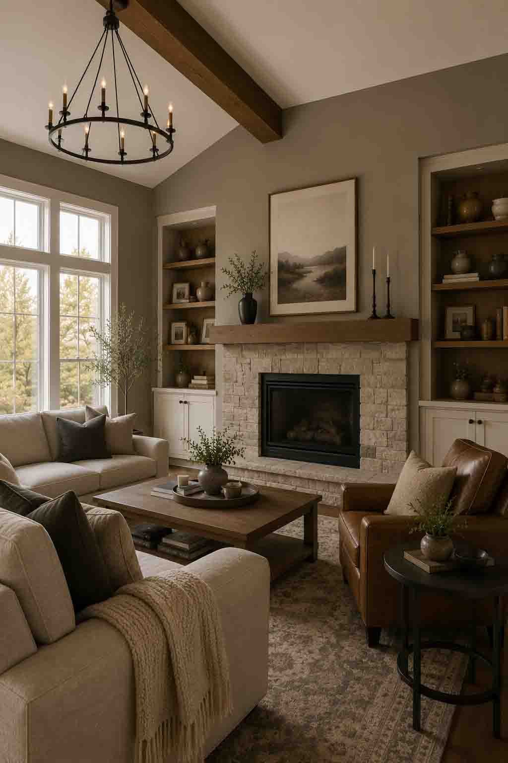 Sherwin Williams Anew Gray SW 7030 warm greige bright living room