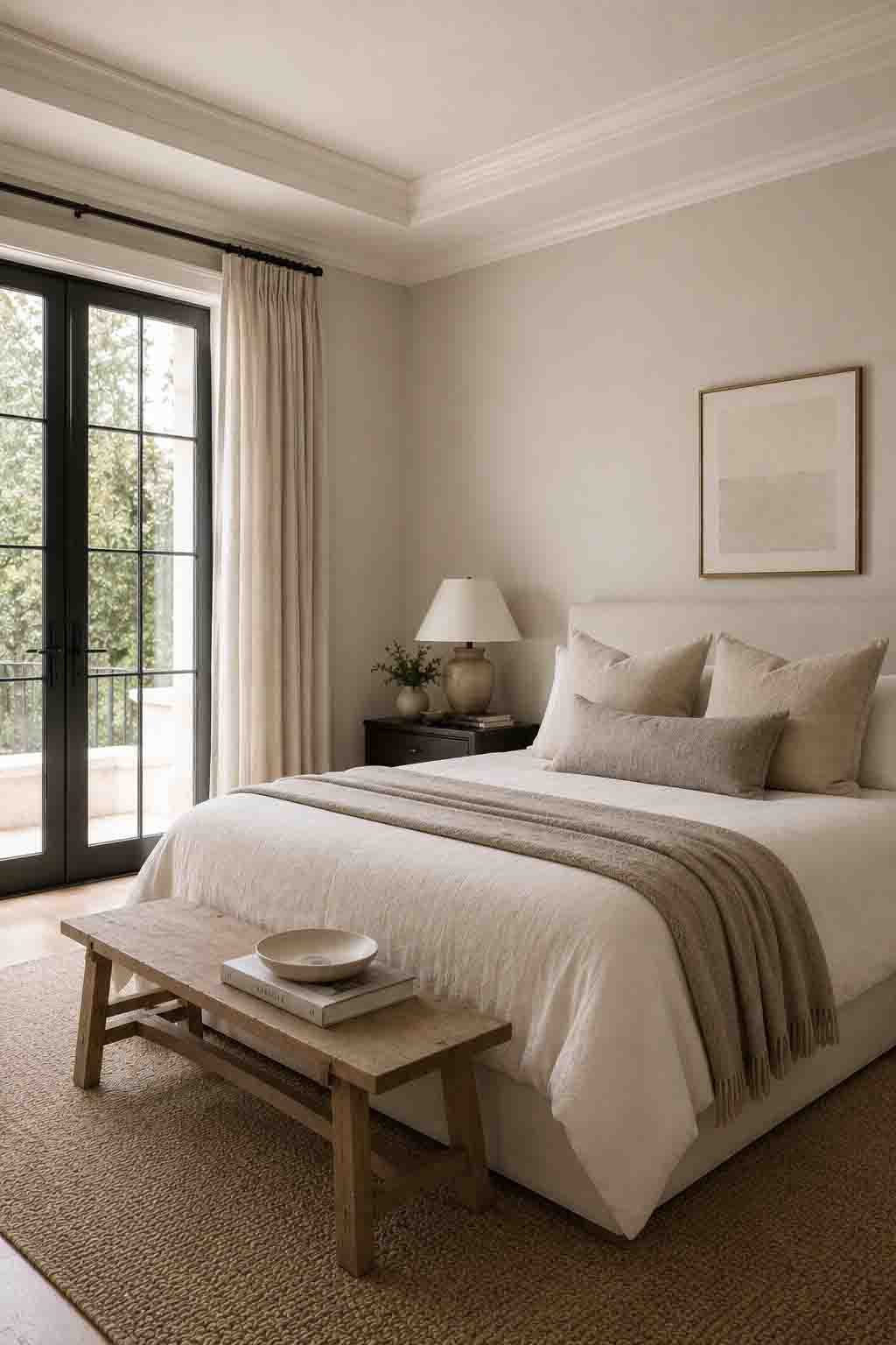 Sherwin Williams Egret White SW 7570 elegant greige white bedroom