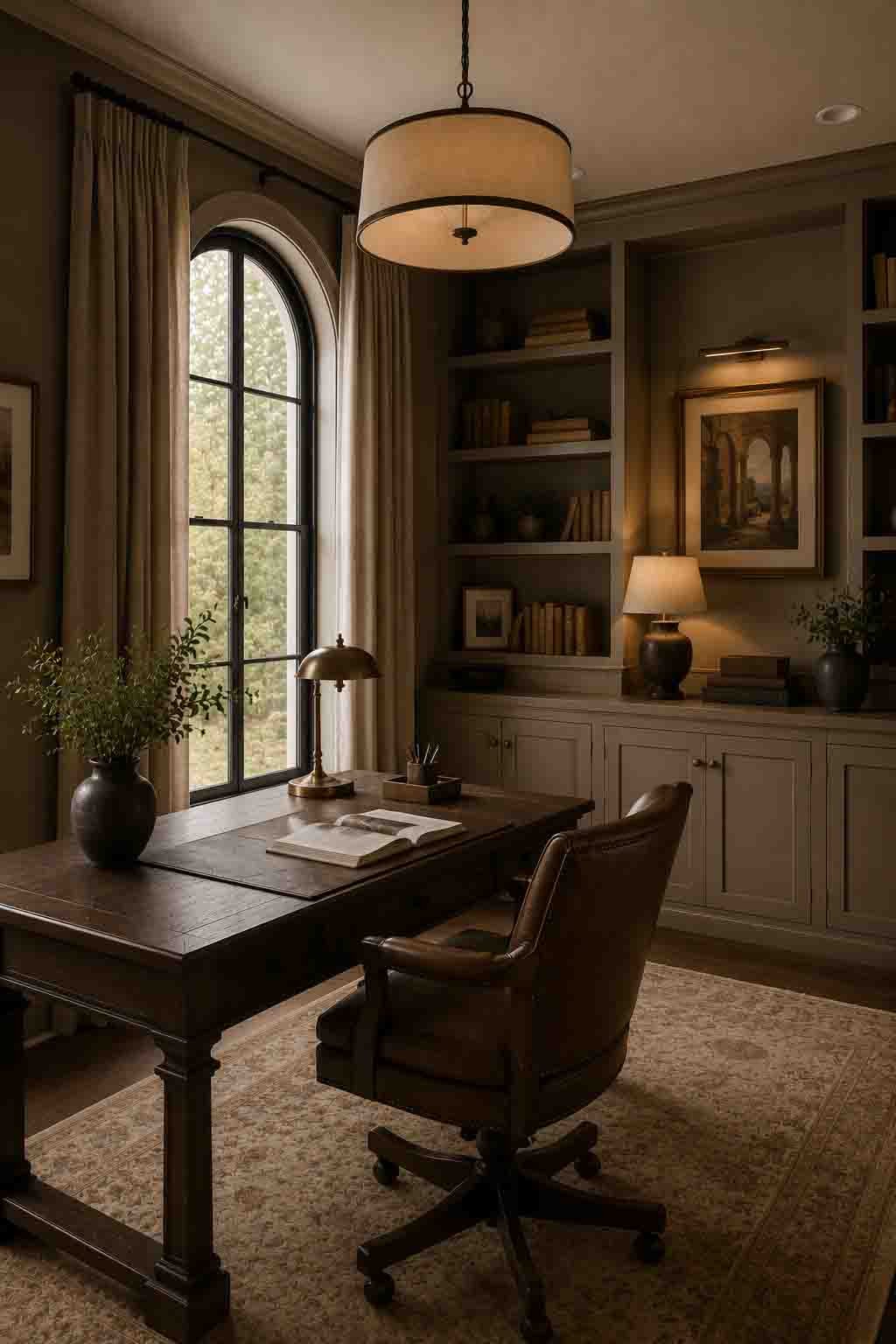 Sherwin Williams Loggia SW 7506 warm taupe library walls