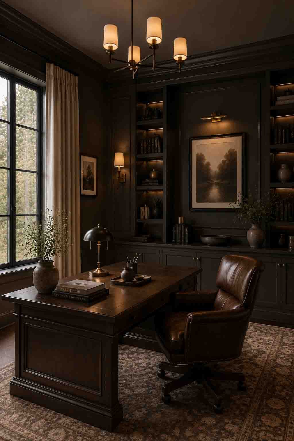 Sherwin Williams Urbane Bronze SW 7048 dramatic moody study walls